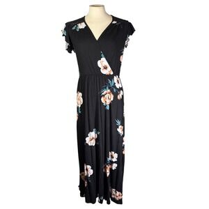 Loveappella Black Floral Maxi Dress Short Flutter Sleeve V-Neck XL W647-G714